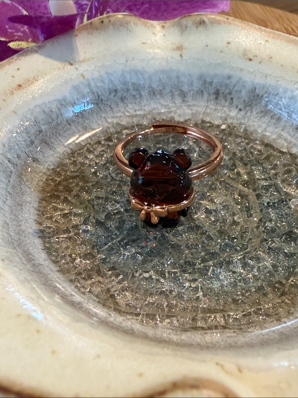 Cute Bear Ring in Smoky Brown crystal with Rose Gold Band